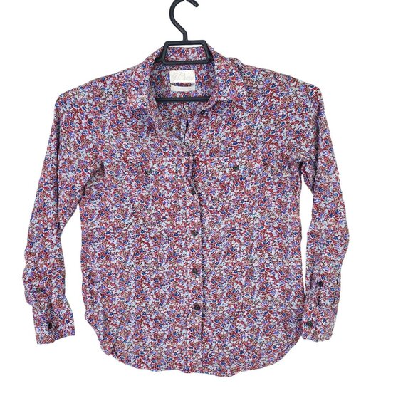 Womens J Crew 100% Silk Red Blue Floral Blouse Shirt Button Up Long Sleeve 2 - Picture 1 of 7